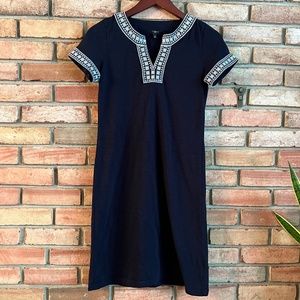 Talbots Petites Navy Blue Shift Dress with Embroidery Detail at Neck and Sleeve